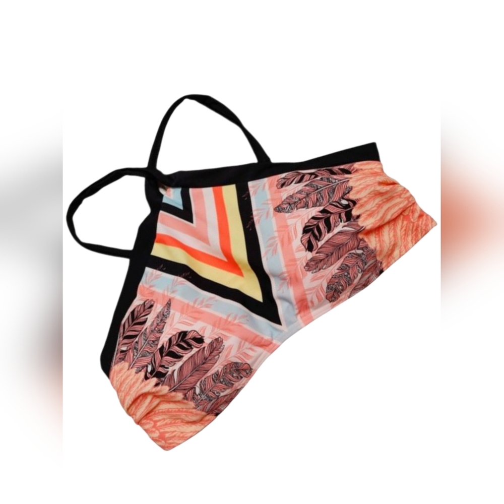 Juniors Small High Neck Swimsuit Bikini Swim Top Feathers Print